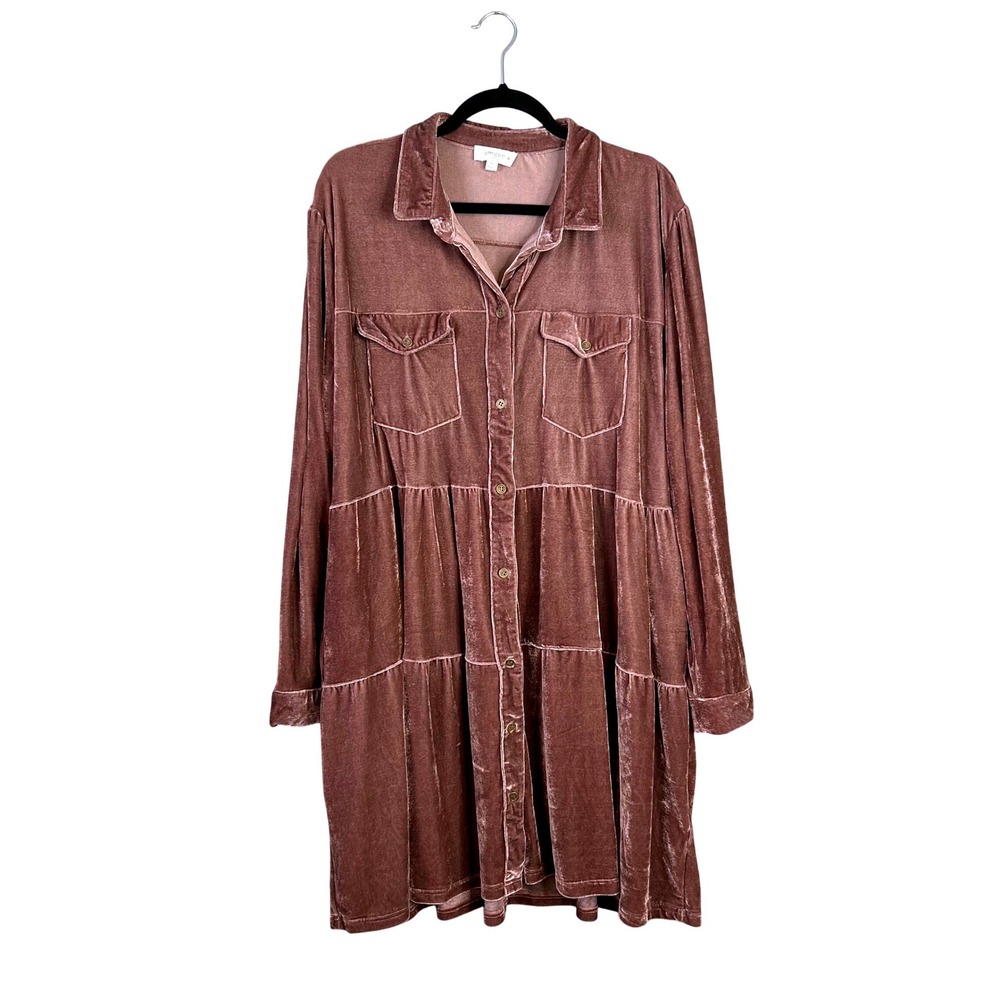 Umgee Tiered Velvet Dress Plus Sz 1XL Button Front Long Sleeve Boho Western